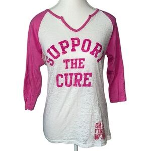Support the Cure Pink and White Raglan Burnout 3/4 Sleeve Tee S
